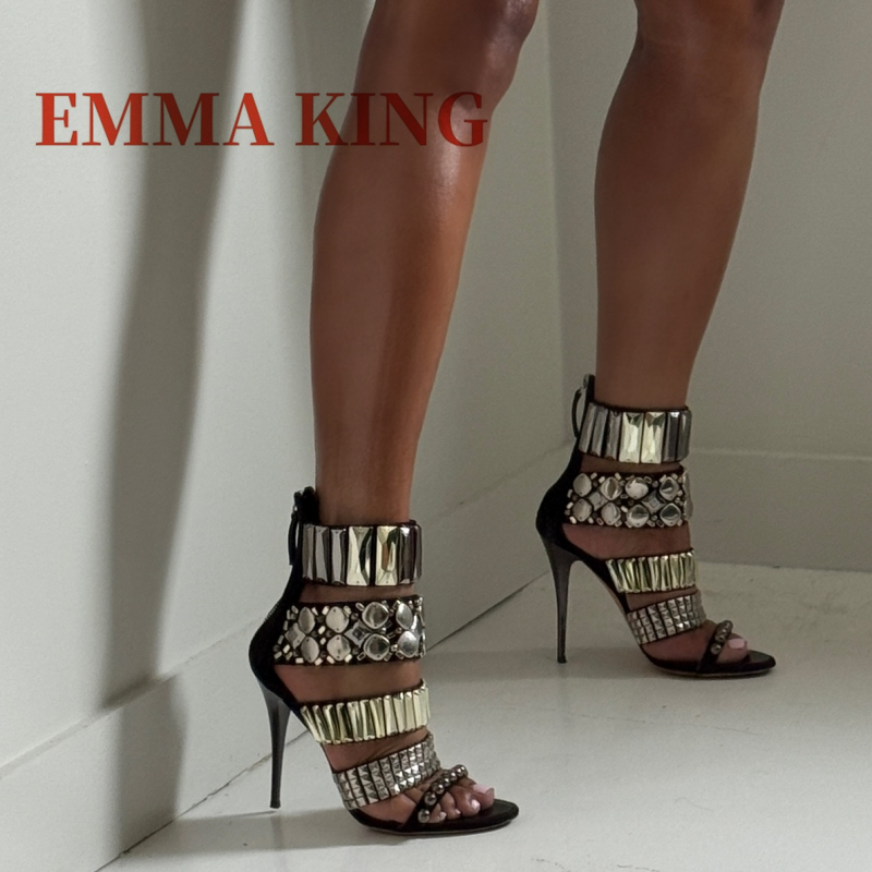 Ankle Strap Heels - Black Embellished Ankle Strap Sandals Summer