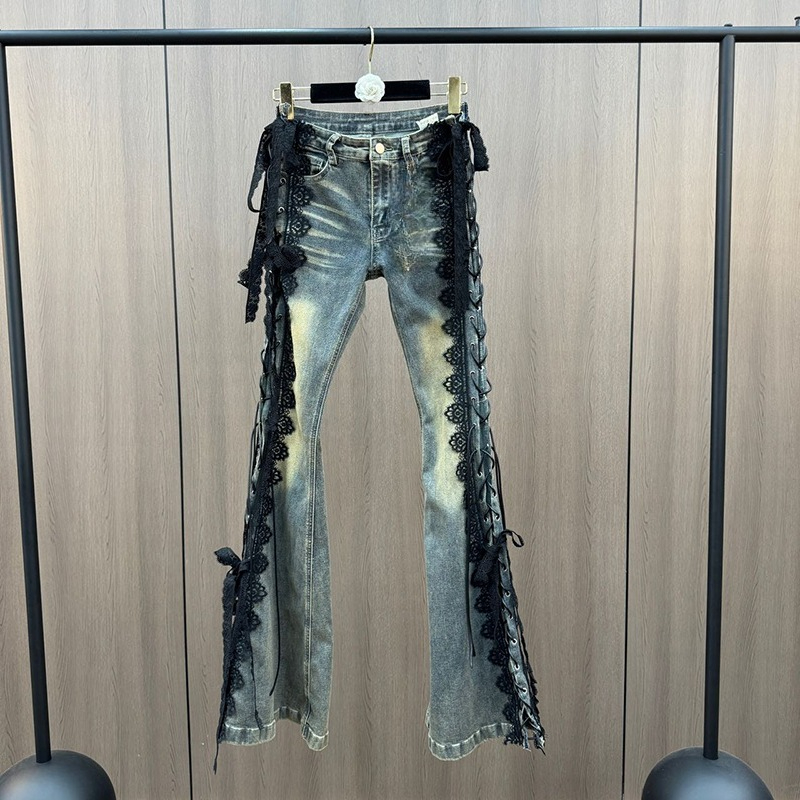 Women Shoes Jeans - Lace Up Flare Jeans Retro Stitch