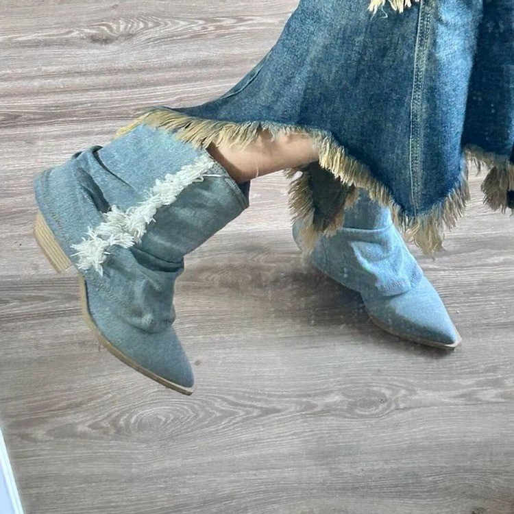 Women Shoes Jeans - Pleated Denim Ankle Boots Women 2023